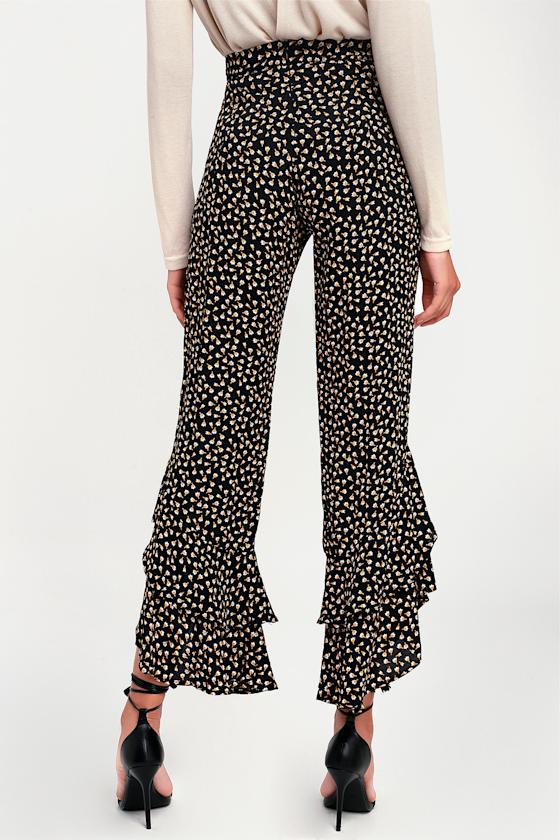 Seville Black Floral Print Ruffle Hem Pants 5