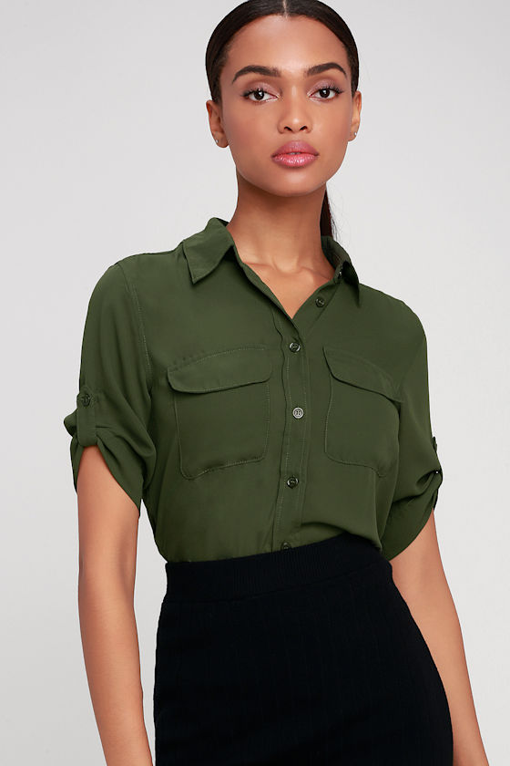 Cute Olive Green Top ButtonUp Top Short Sleeve Top Lulus