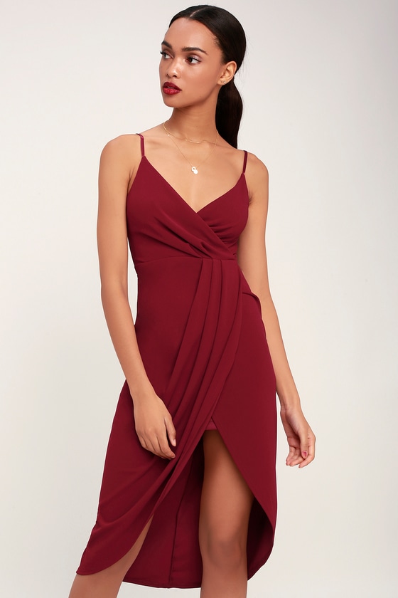 Sexy Wine Red Dress - Surplice Dress - Surplice Midi Dress - Lulus