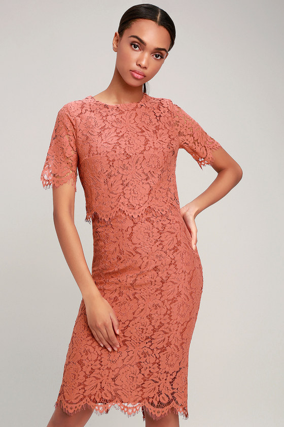 Lovely Lace Dress - Flounce Dress - Rusty Rose Lace - Midi Dress - Lulus