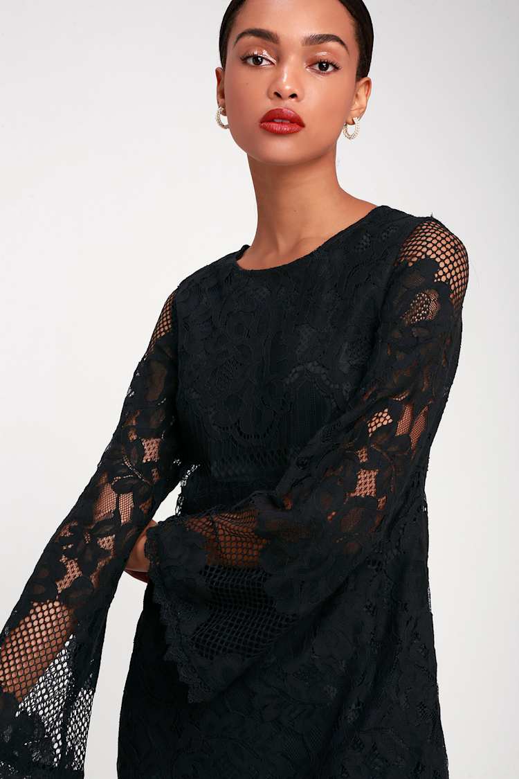 chinese dress ladies Printed floral lace shift dress with bell sleeves – T.Tandon