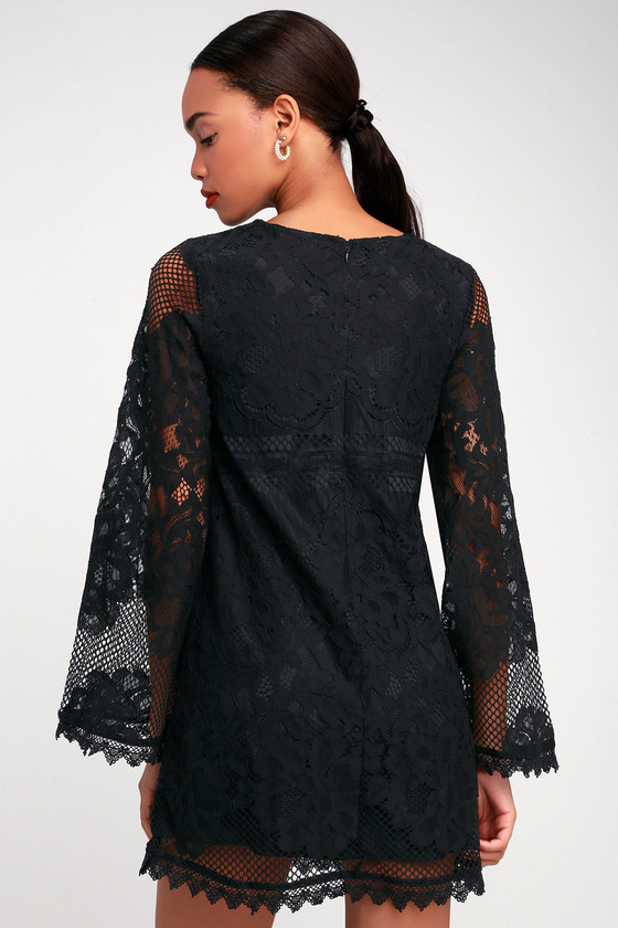 black lace bell sleeve dress