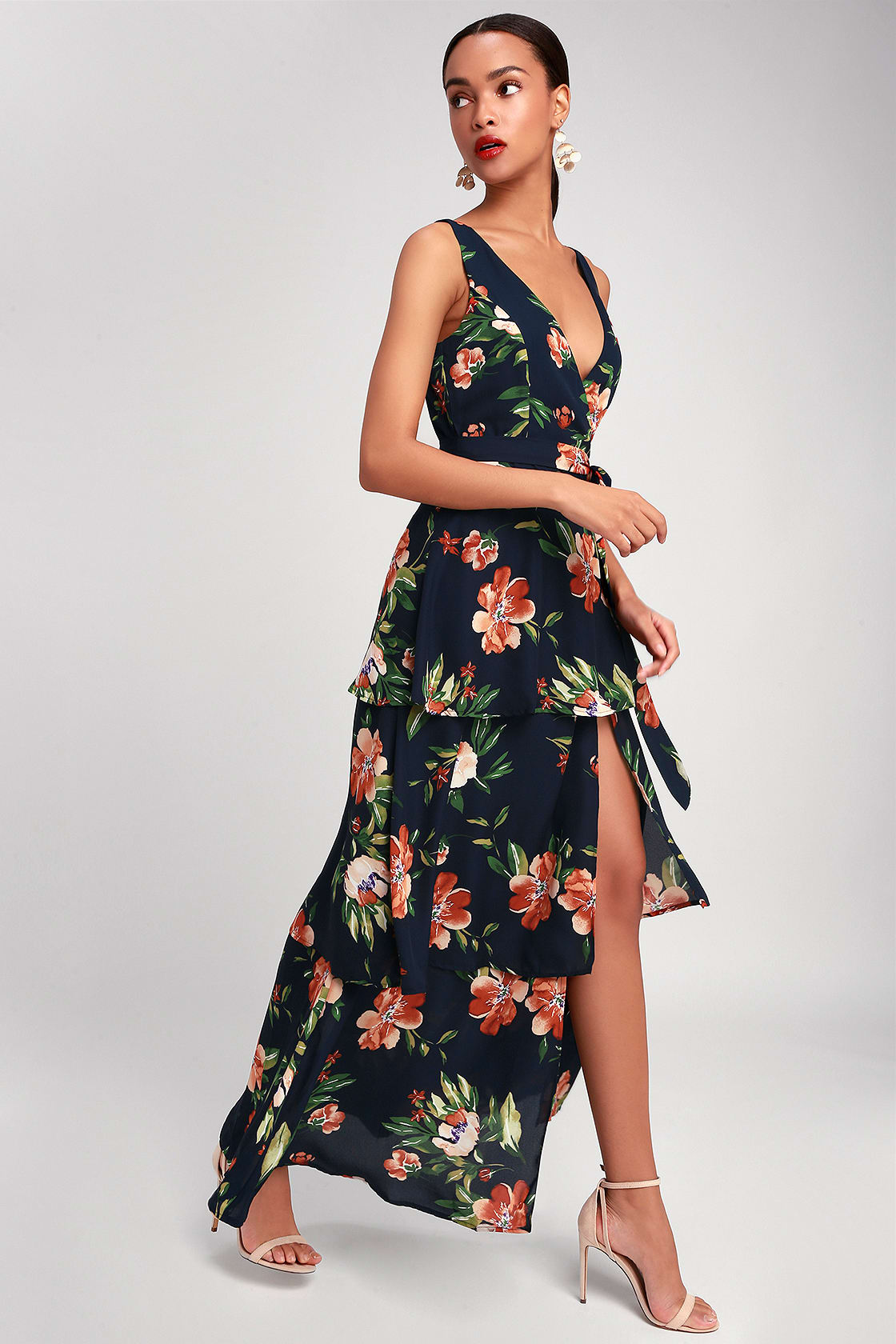 Sweet Navy Blue Dress - Floral Print Maxi Dress - Wrap Maxi Dress - Lulus