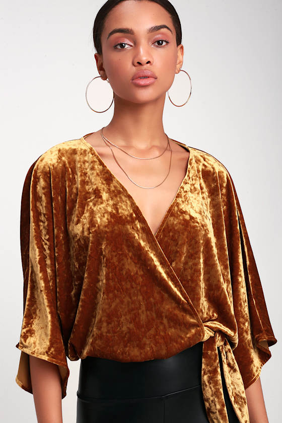 Sexy Golden Yellow Velvet Top Velvet Wrap Top Velvet Crop Top Lulus