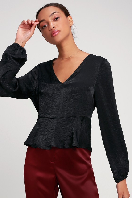 Chic Satin Top - Long Sleeve Top - Peplum Top - Black top - Lulus