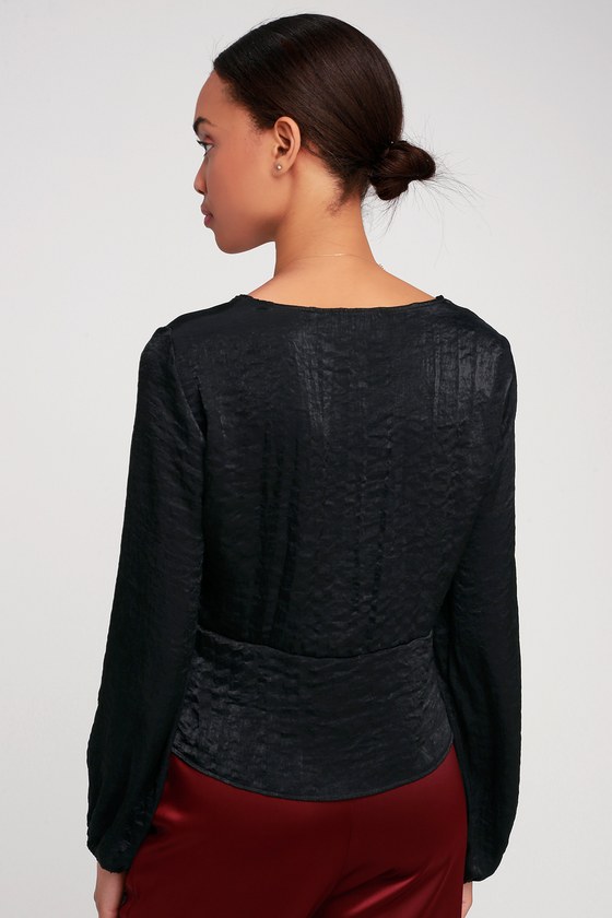 Chic Satin Top - Long Sleeve Top - Peplum Top - Black top - Lulus