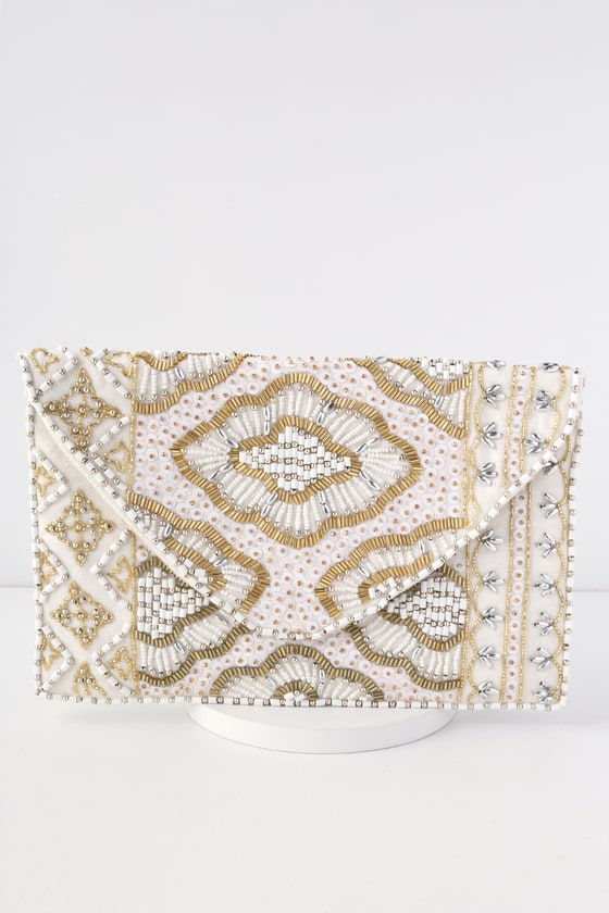 Etched in Stone Cream Beaded Clutch