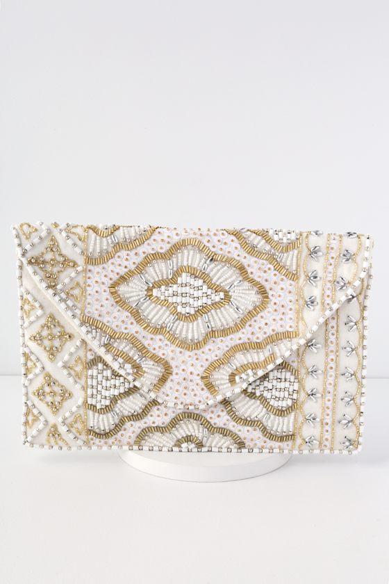 Etched in Stone Cream Beaded Clutch 8