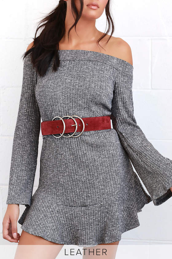 Luxe Life Wine Red Suede Leather Triple Buckle Belt 1