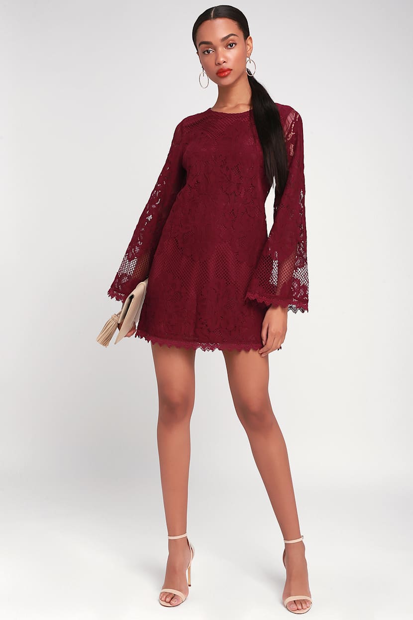 Cute Burgundy Dress - Lace Dress - Bell Sleeve Dress - Lulus Cute Burgundy Dress - Lace Dress - Bell Sleeve Dress - Lulus