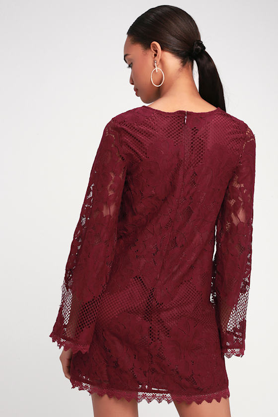 Can't Forget You Burgundy Lace Bell Sleeve Shift Dress 1