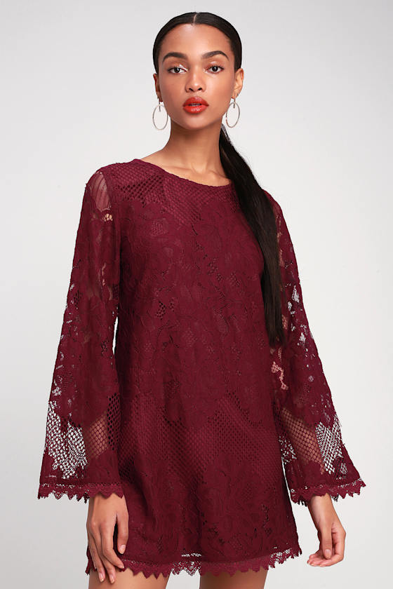 Can't Forget You Burgundy Lace Bell Sleeve Shift Dress 3