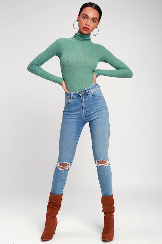 All You Want Sage Green Thermal Turtleneck Bodysuit 2