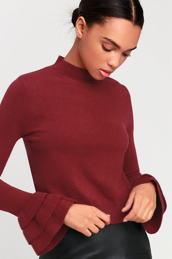 Katie Wine Red Ruffled Flounce Sleeve Sweater Top 1
