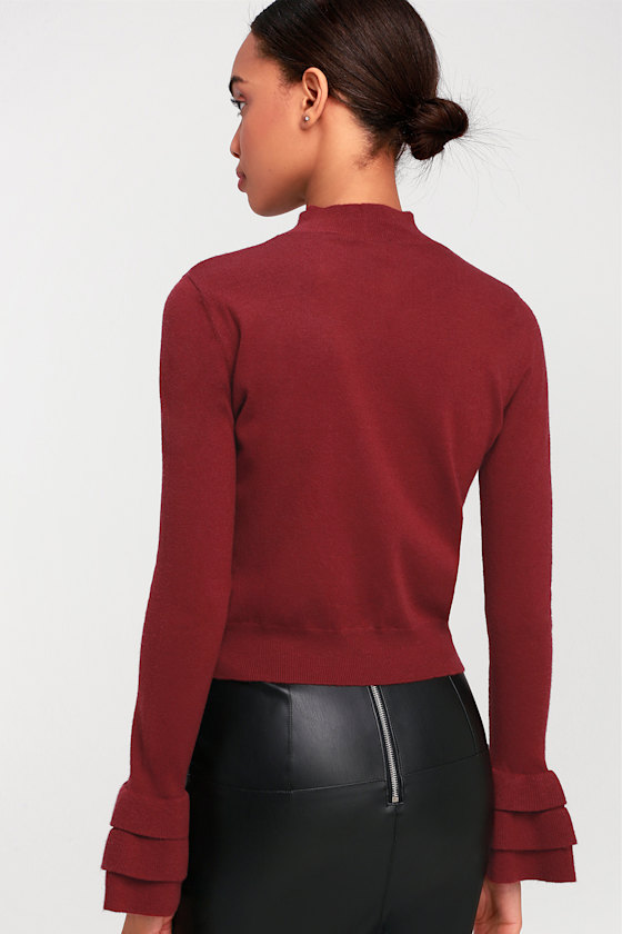 Katie Wine Red Ruffled Flounce Sleeve Sweater Top 4