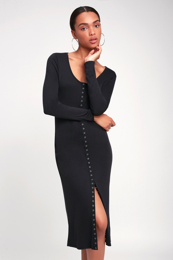 Cute Washed Black Dress - Ribbed Midi Dress - Snap Front Dress - Lulus
