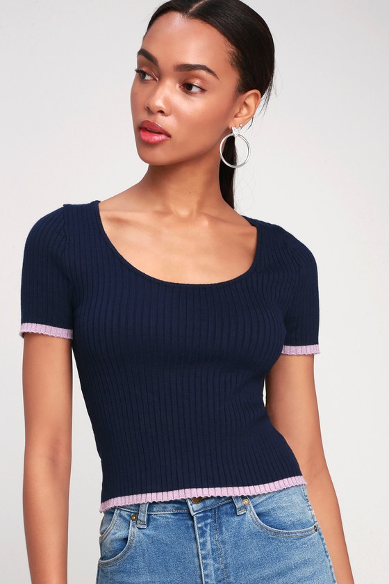 Cute Navy Blue Top - Ribbed Knit Crop Top - Short Sleeve Top - Lulus