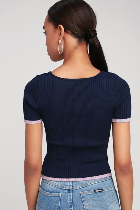 Cute Navy Blue Top Ribbed Knit Crop Top Short Sleeve Top Lulus