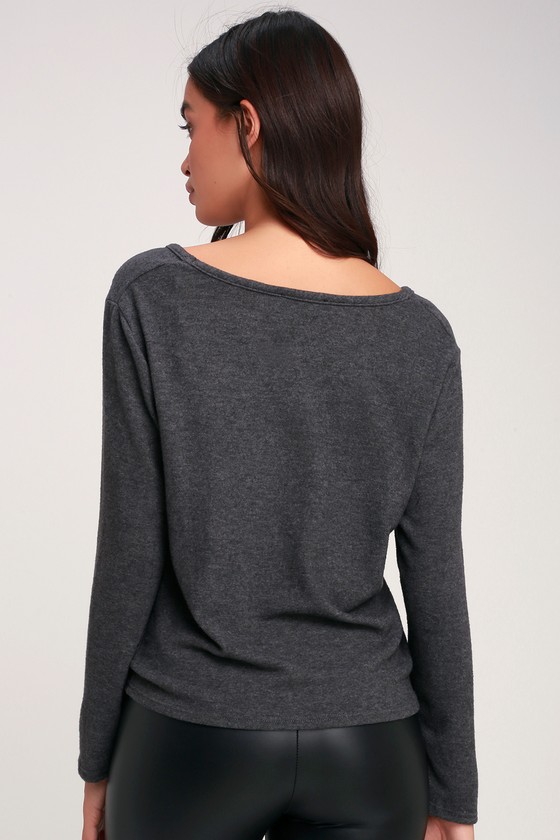 Marnier Washed Charcoal Grey Tie-Front Button-Up Sweater Top
