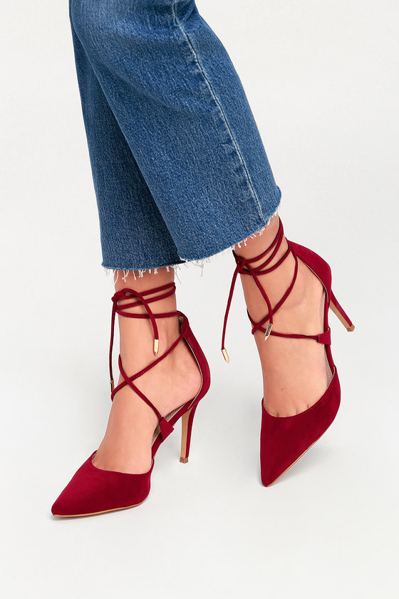 red square lace up heels