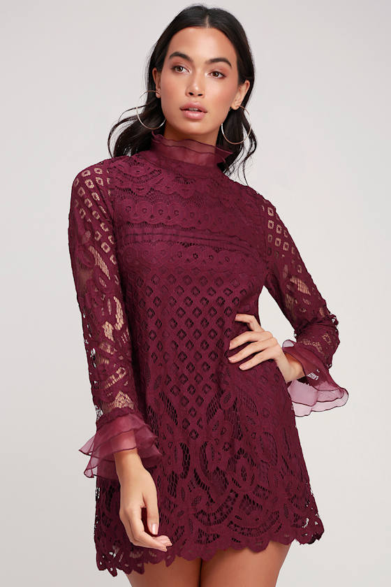 Cute Burgundy Dress Lace Dress Long Sleeve Dress Shift Lulus