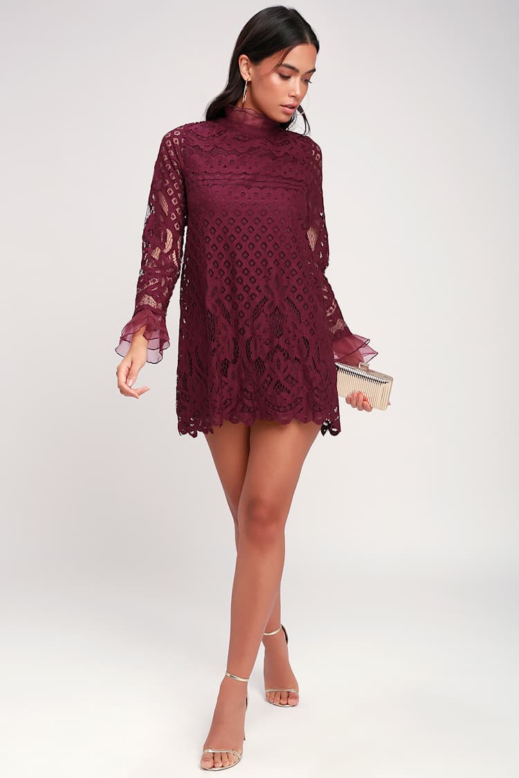 Cute Burgundy Dress - Lace Dress - Long Sleeve Dress - Shift - Lulus