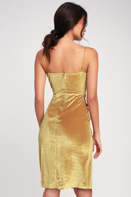 Honey Love Mustard Yellow Velvet Bodycon Wrap Dress 2