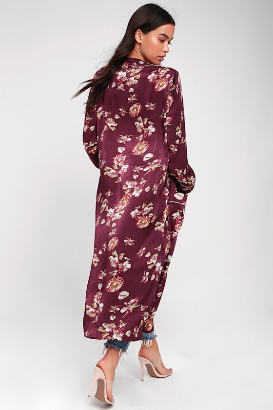 Luxurious Life Plum Purple Floral Print Satin Duster 4