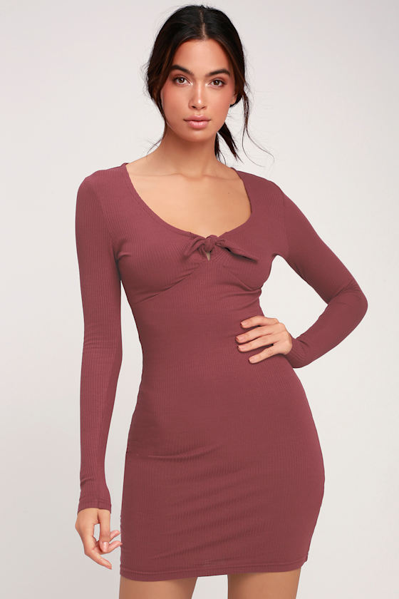 Knot Up Washed Burgundy Ribbed Tie-Front Bodycon Dress 2