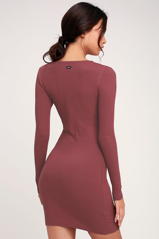 Knot Up Washed Burgundy Ribbed Tie-Front Bodycon Dress 1