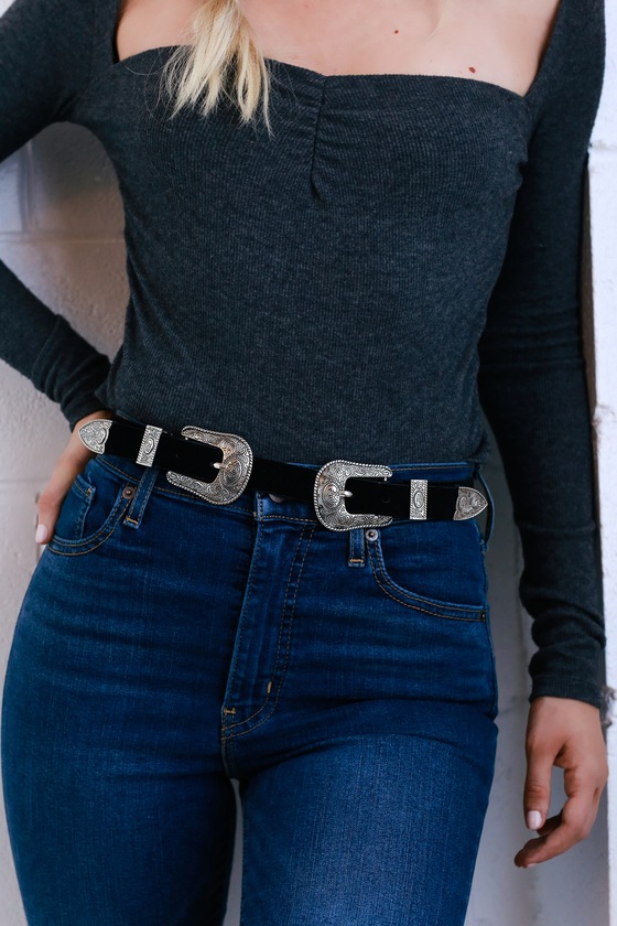 Cool Silver and Black Double Buckle Belt Engraved Belt Lulus