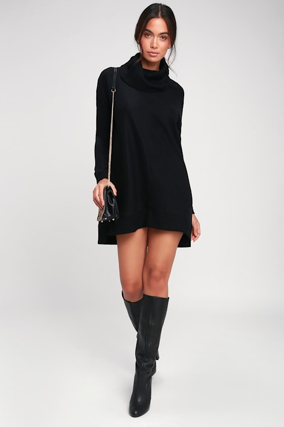 Autumn Daze Black Cowl Neck Long Sleeve Sweater Dress