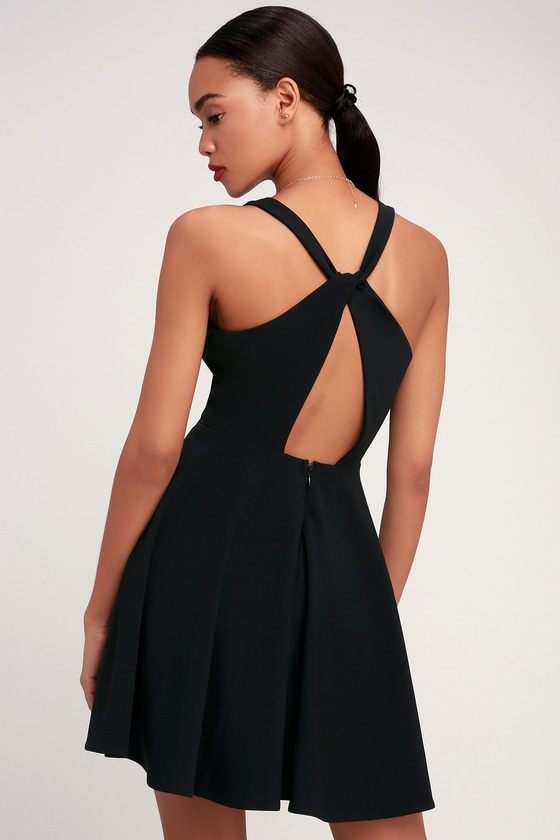 Wonder Whirl Black Twist Back Skater Dress