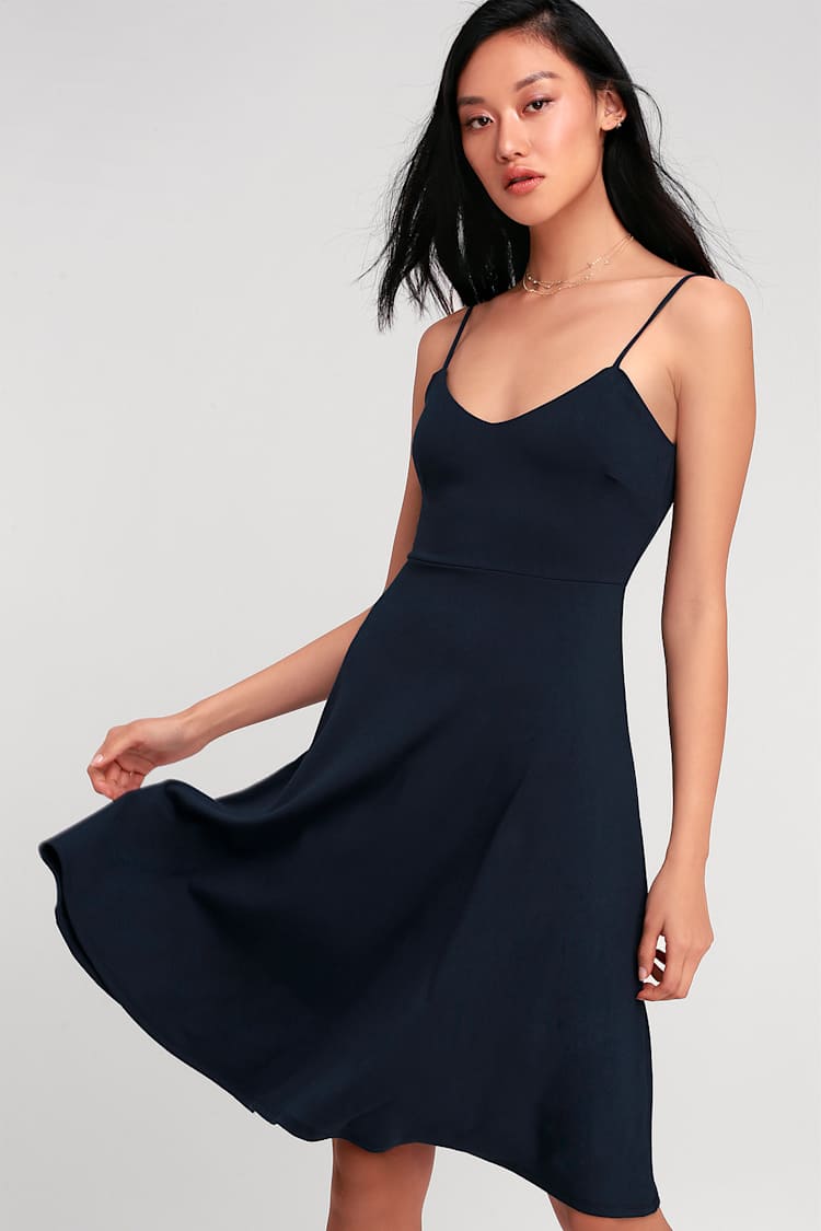 Cute Navy Blue Skater Dress - Midi Dress - Midi Skater Dress - Lulus