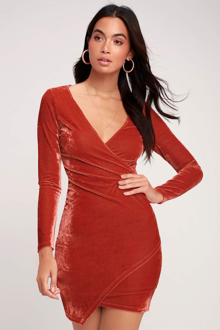 Sexy Velvet Dress - Rust Orange Dress - Long Sleeve Dress - Lulus
