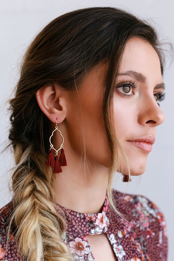 Mailie Burgundy and Gold Tassel Earrings 1