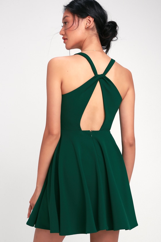 Cute Dark Green Dress - Twist Back Skater Dress - Skater Dress - Lulus
