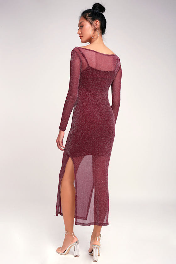 In the Night Burgundy Sparkle Mesh Midi Dress 5