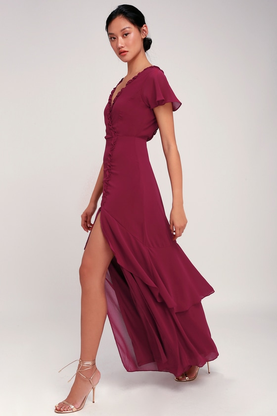 Pour the Champagne Burgundy Ruffled Backless Maxi Dress