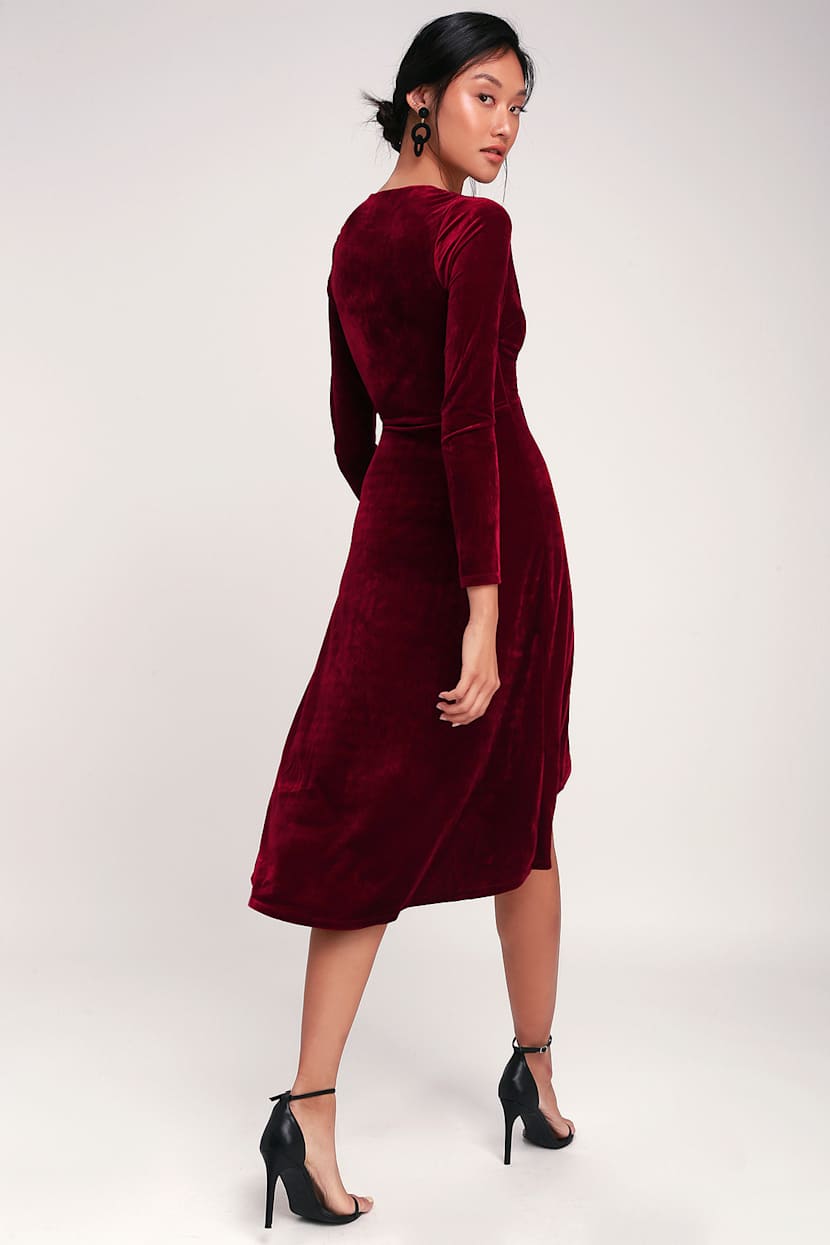 knee length dresses for ladies She and Sky Wine Velvet Camisole Dress with Cowl Neck and Side Slit Medium main image 0