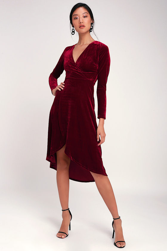 Silver Screen Burgundy Velvet Long Sleeve Midi Dress 1
