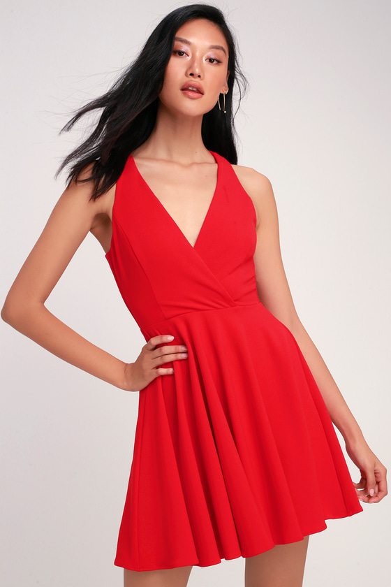Wonder Whirl Red Twist Back Skater Dress