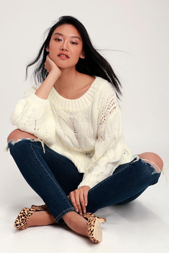 Cream Balloon Sleeve Sweater - Cropped Sweater - Knit Sweater - Lulus