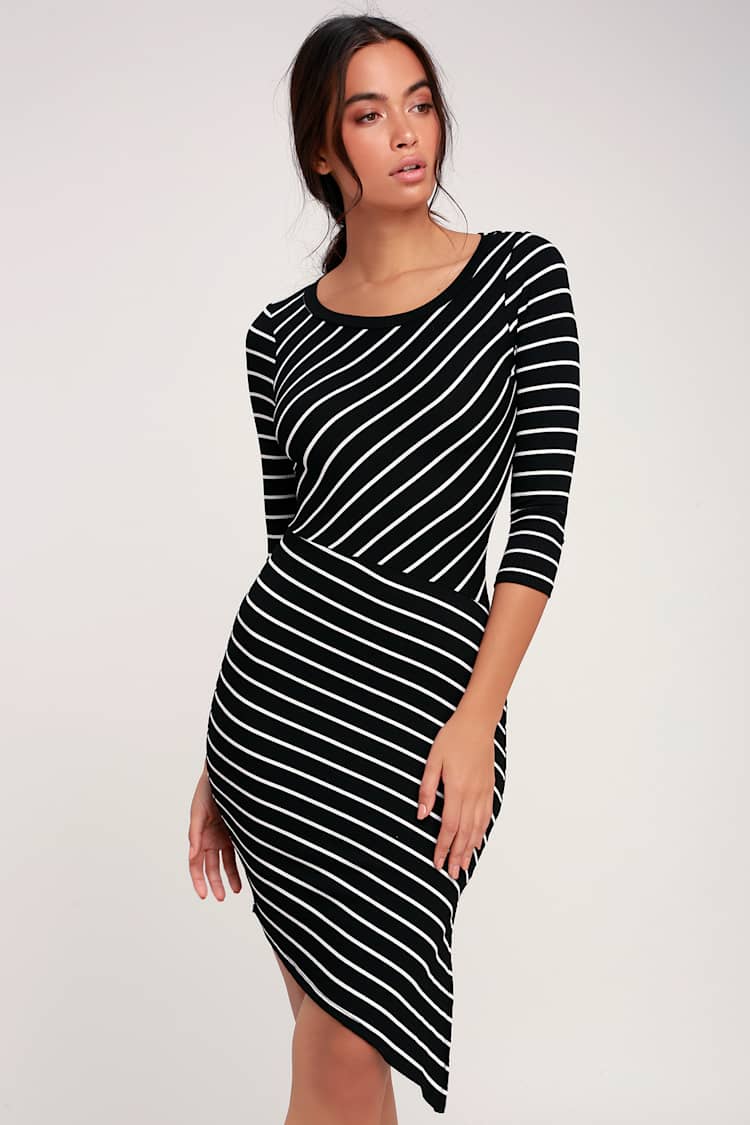 navy blue dress for baby girl Topshop knit plated vertical stripes midi dress with asymmetric hem in black  and white main image 0