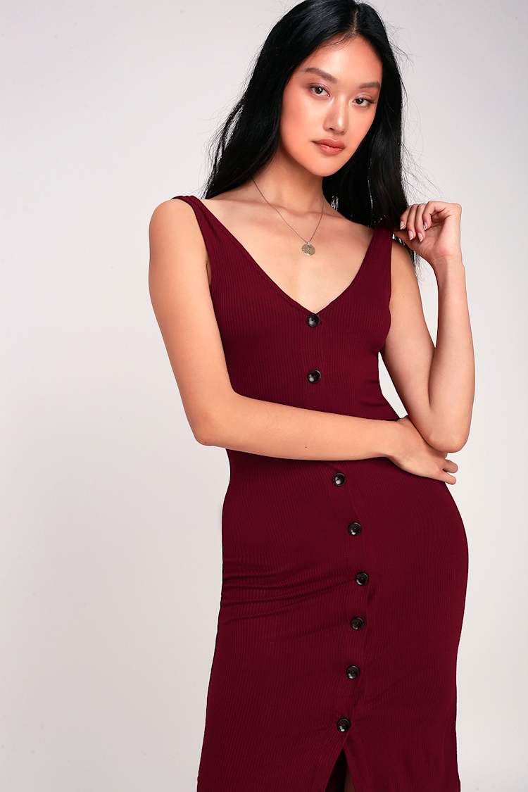 fitted lace wedding dress Red Ribbed Knit Dress V Neck Button Down Elegant Midi Dress – REENOVY main image 1