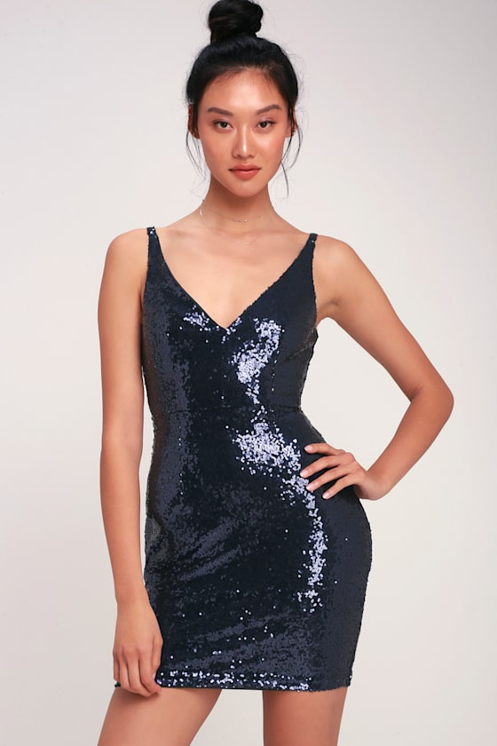 Stunning Sequin Dress Navy Blue Dress Sequin Bodycon Dress Lulus