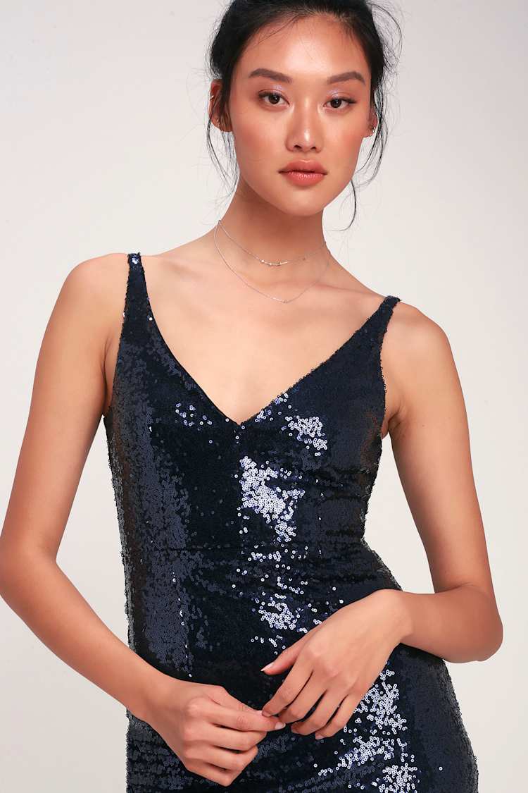Champagne Showers Navy Blue Sequin Bodycon Dress