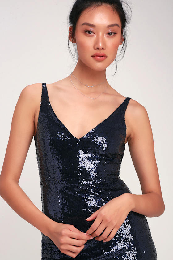 Stunning Sequin Dress Navy Blue Dress Sequin Bodycon Dress Lulus