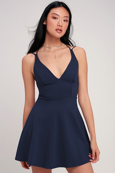 Sexy Navy Blue Dress Backless Dress Backless Skater Dress Lulus