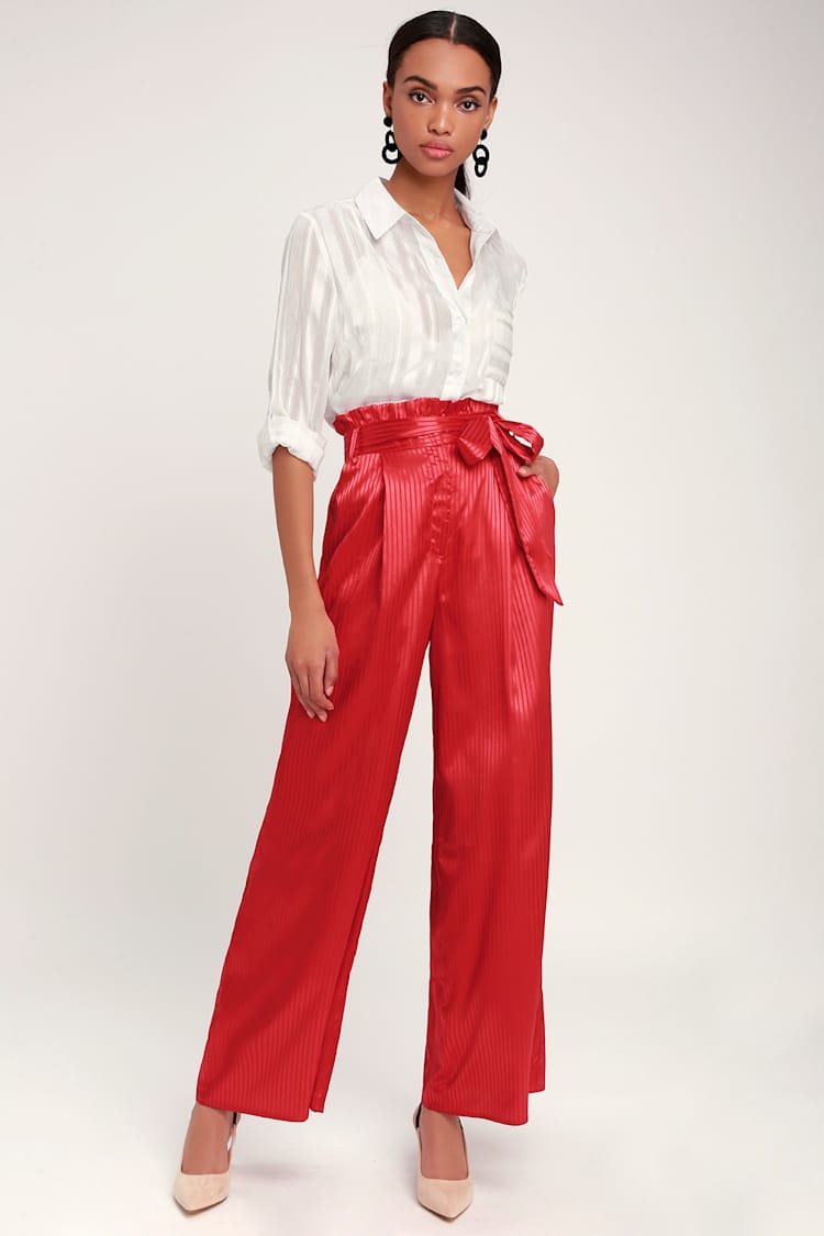 Chic Red Striped Pants - Satin Pants - Wide-Leg - Lulus